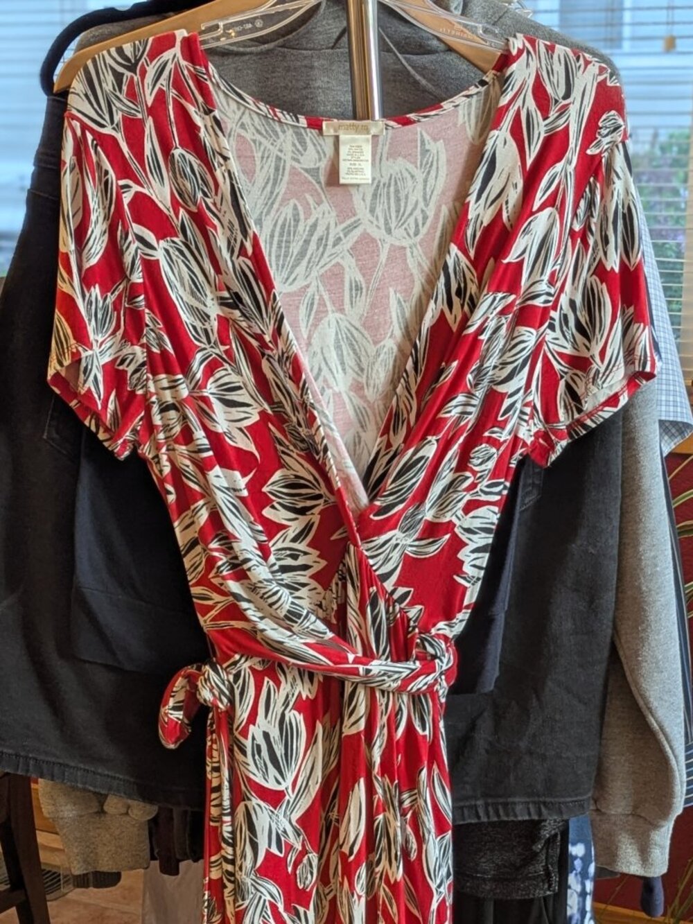 Matty M V-neck Wrap Dress, Red w/black & white flowers